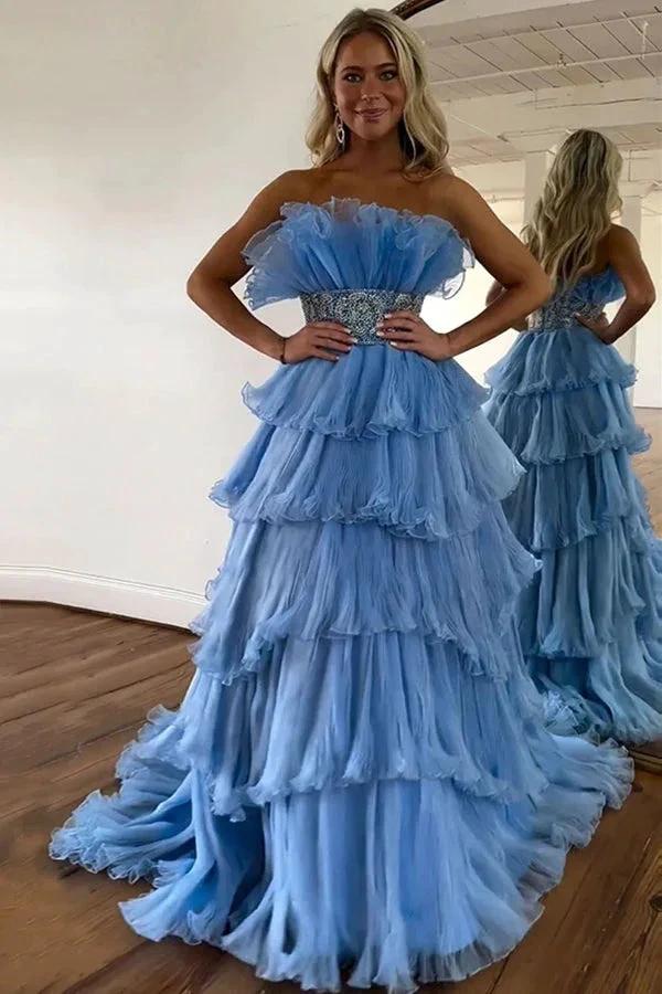 Stylish Blue Strapless A-Line Long Tiered Prom Dress With Belt PSK483 by pgmdress
