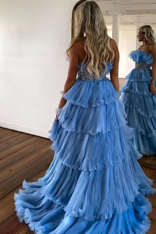 Stilvolles blaues trägerloses A-Linien-Ballkleid mit langen Stufen und Gürtel PSK483