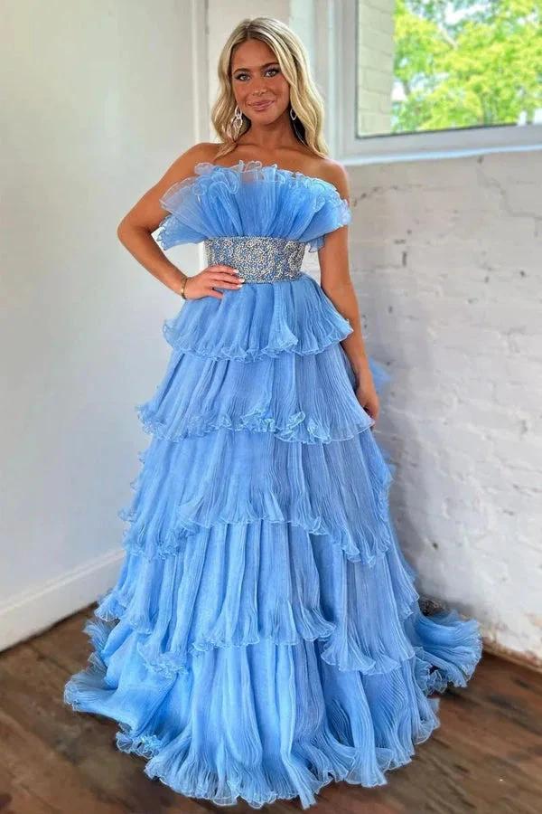 Stylish Blue Strapless A-Line Long Tiered Prom Dress With Belt PSK483 by pgmdress
