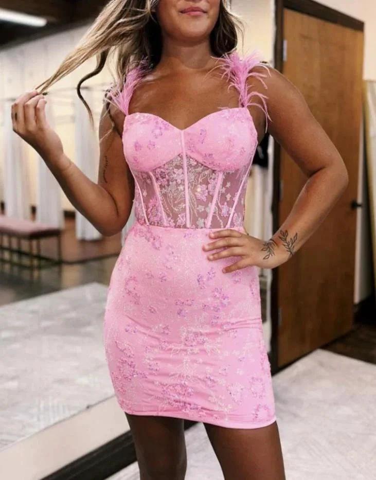 Sweet Lace Up Short Tight Homecoming Dress With Feather Straps by KissProm
