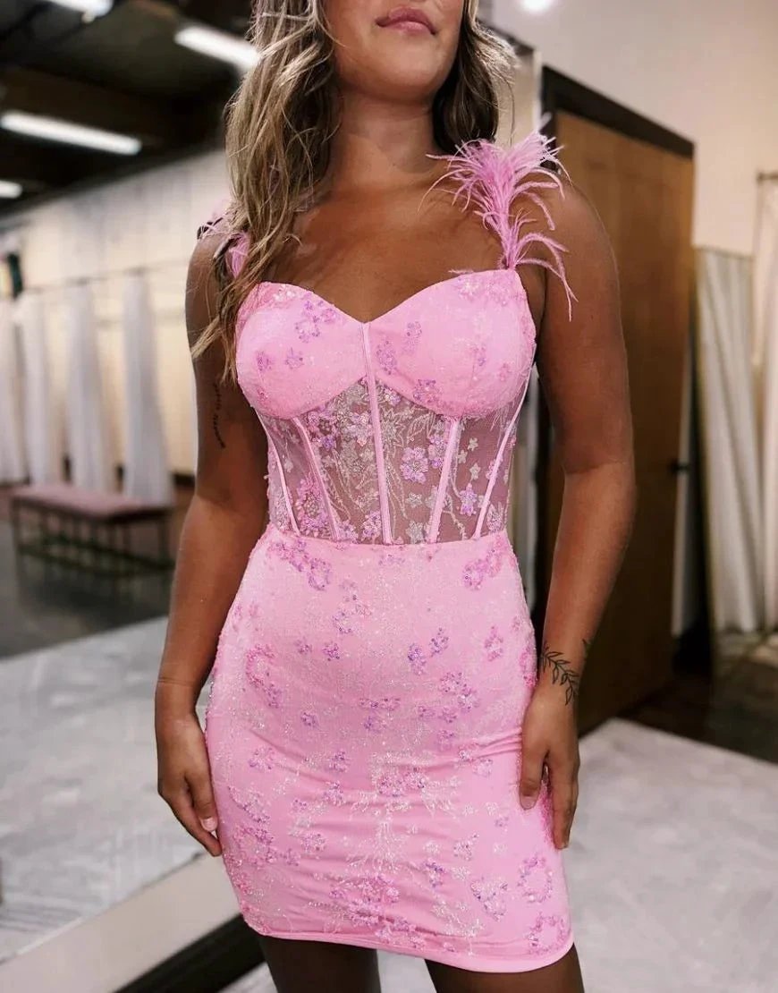 Sweet Lace Up Short Tight Homecoming Dress With Feather Straps by KissProm