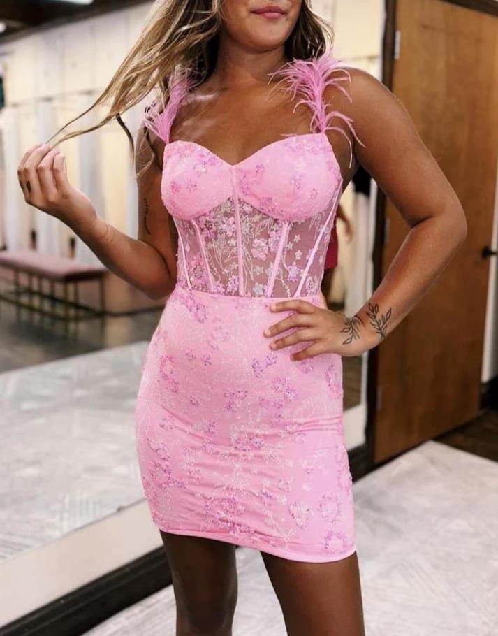 Sweet Lace Up Short Tight Homecoming Dress With Feather Straps by KissProm