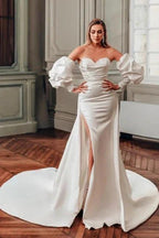 Sweetheart A-Line Split Front Stain Long Sleeve Wedding Dresses with Ruffles by misshow.com