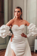 Sweetheart A-Line Split Front Stain Long Sleeve Wedding Dresses with Ruffles by misshow.com