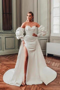 Sweetheart A-Line Split Front Stain Long Sleeve Wedding Dresses with Ruffles by misshow.com