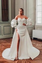 Sweetheart A-Line Split Front Stain Long Sleeve Wedding Dresses with Ruffles by misshow.com