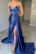 Sweetheart Blue Beaded neck High split Prom Dress with Court Train by misshow.com