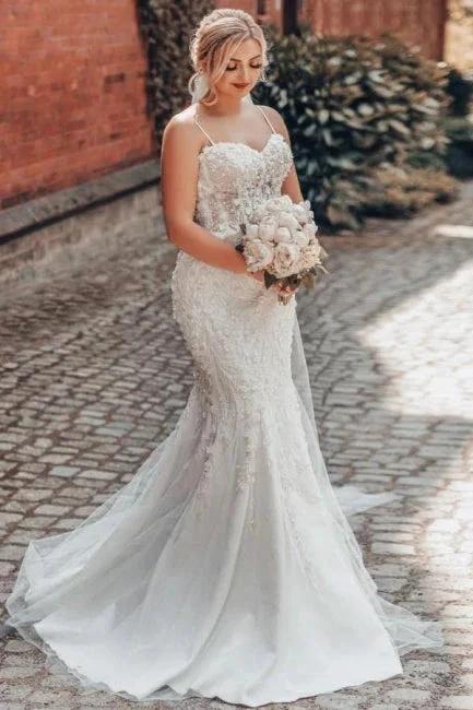 Sweetheart Charming Tulle Mermaid Spaghetti Straps Wedding Dresses with Appliques by misshow.com