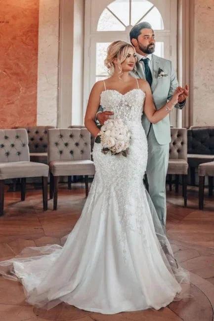 Sweetheart Charming Tulle Mermaid Spaghetti Straps Wedding Dresses with Appliques by misshow.com