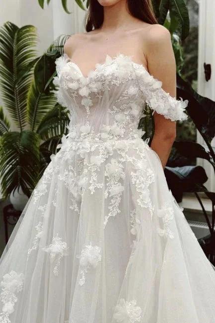 Sweetheart Long Ivory A-line Off-the-shoulder Lace Sleeveless Wedding Dress by misshow.com