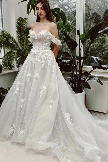 Sweetheart Long Ivory A-line Off-the-shoulder Lace Sleeveless Wedding Dress by misshow.com