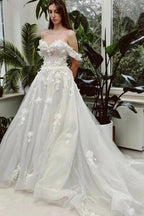 Sweetheart Long Ivory A-line Off-the-shoulder Lace Sleeveless Wedding Dress by misshow.com