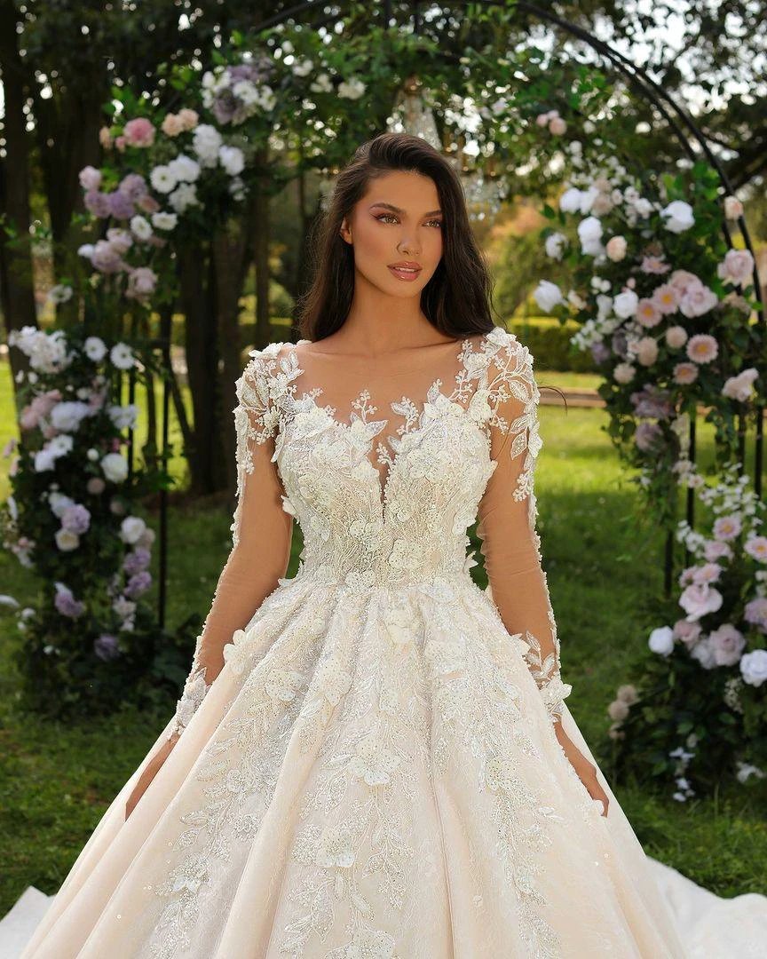 Sweetheart Long Ivory Princess Long Sleeves Appliques Wedding Dress With Train by misshow.com