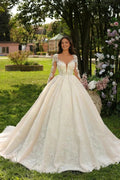 Sweetheart Long Ivory Princess Long Sleeves Appliques Wedding Dress With Train by misshow.com