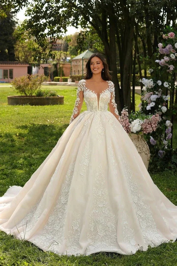 Sweetheart Long Ivory Princess Long Sleeves Appliques Wedding Dress With Train by misshow.com