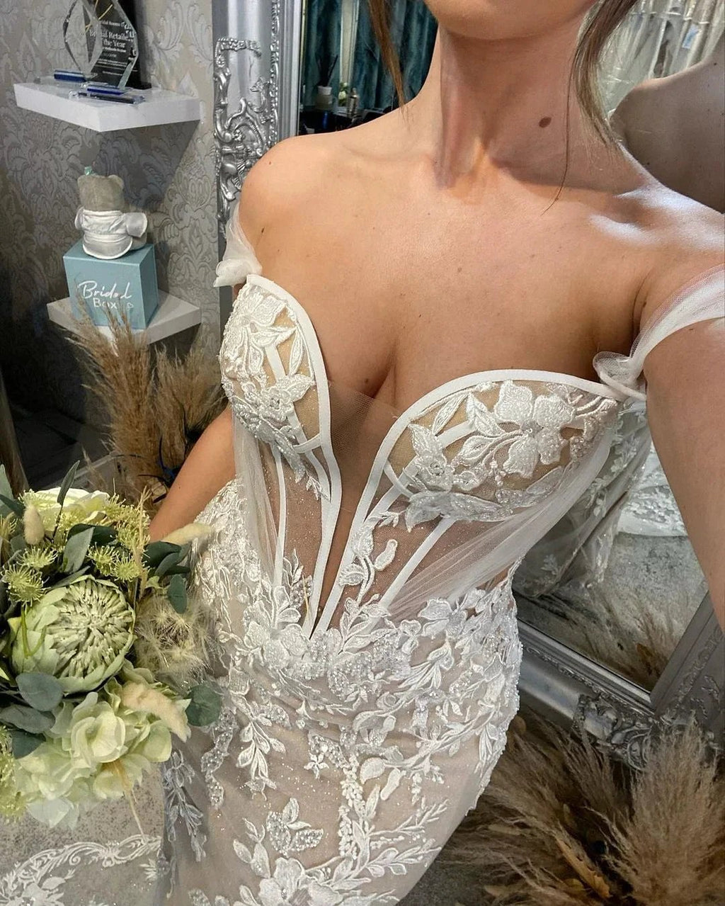 Sweetheart Long Mermaid Off-the-shoulder Glitter Appliques Wedding Dress by misshow.com