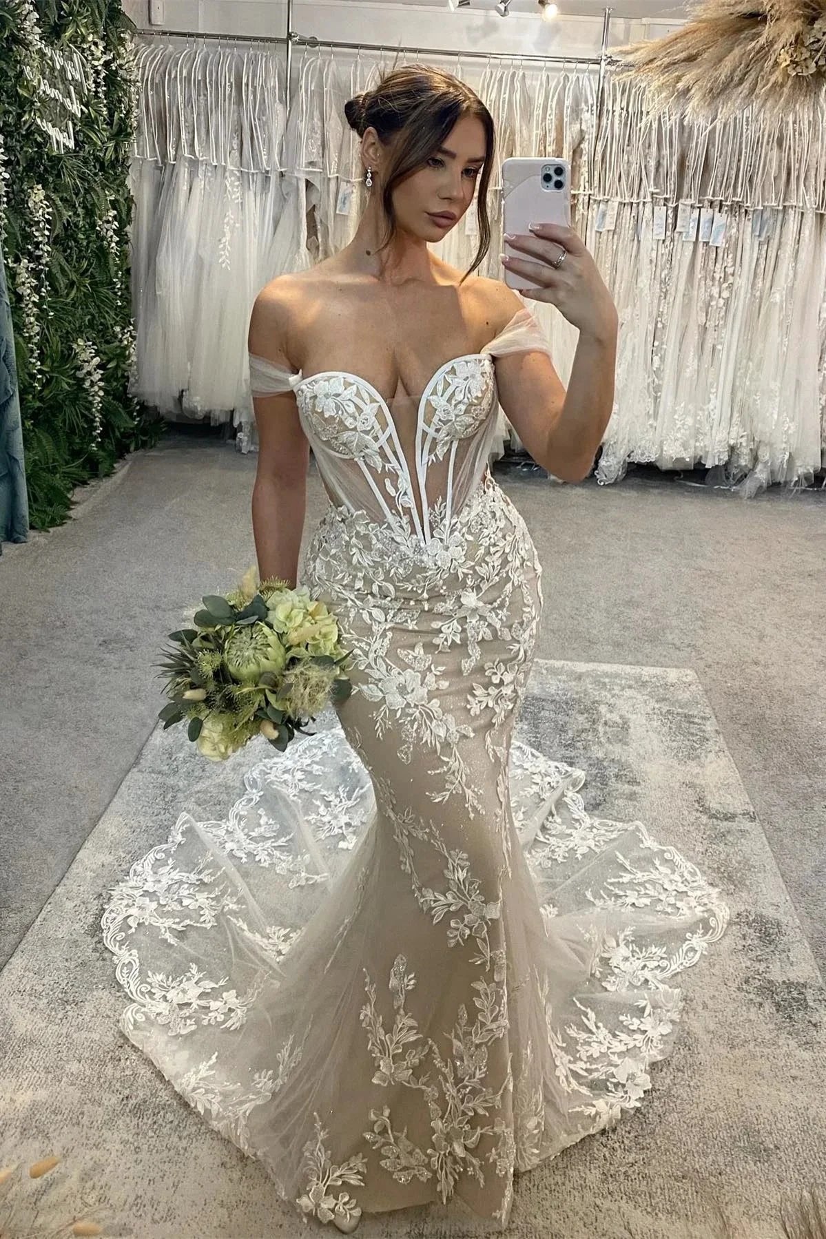 Sweetheart Long Mermaid Off-the-shoulder Glitter Appliques Wedding Dress by misshow.com