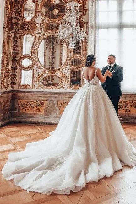 Sweetheart Luxury Ball Gown Stain Wedding Dress with Appliques by misshow.com