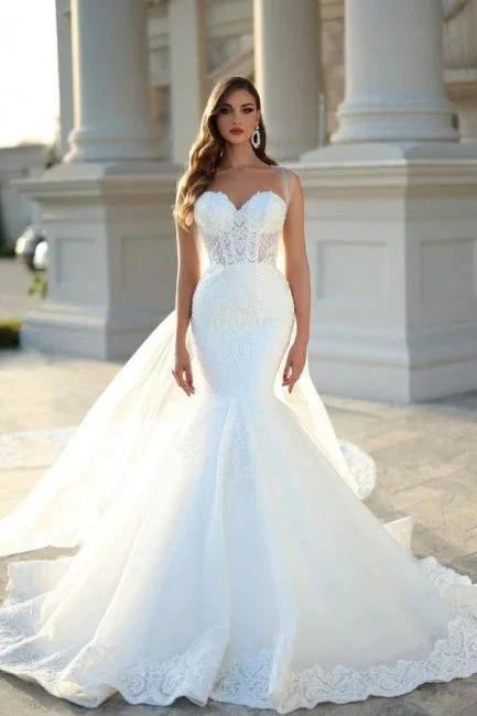 Sweetheart Mermaid White Wedding Dress with Court Train by misshow.com