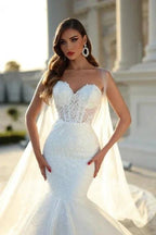Sweetheart Mermaid White Wedding Dress with Court Train by misshow.com