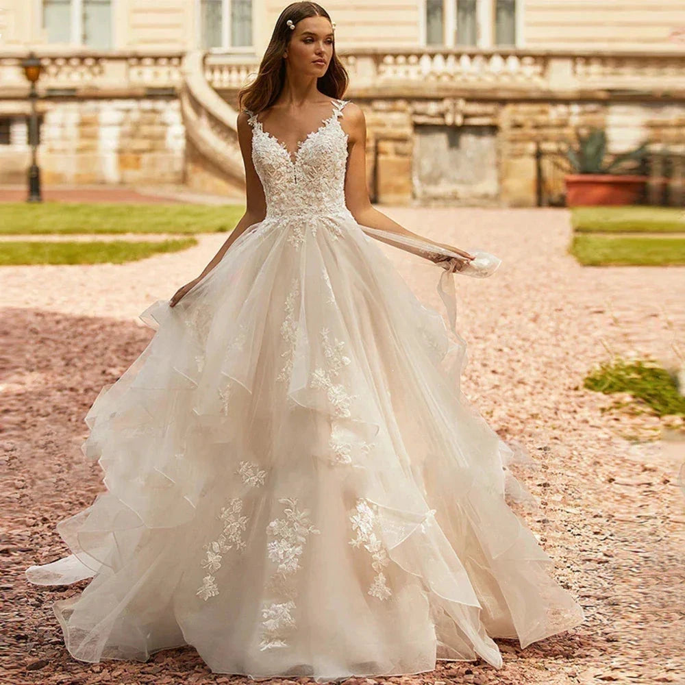 Sweetheart Off Shoulder Sleeveless Beach Deep V-neck Fluffy Wedding Dresses Sexy Lace Backless Applique Elegant Bride Gown 2023 by payinti