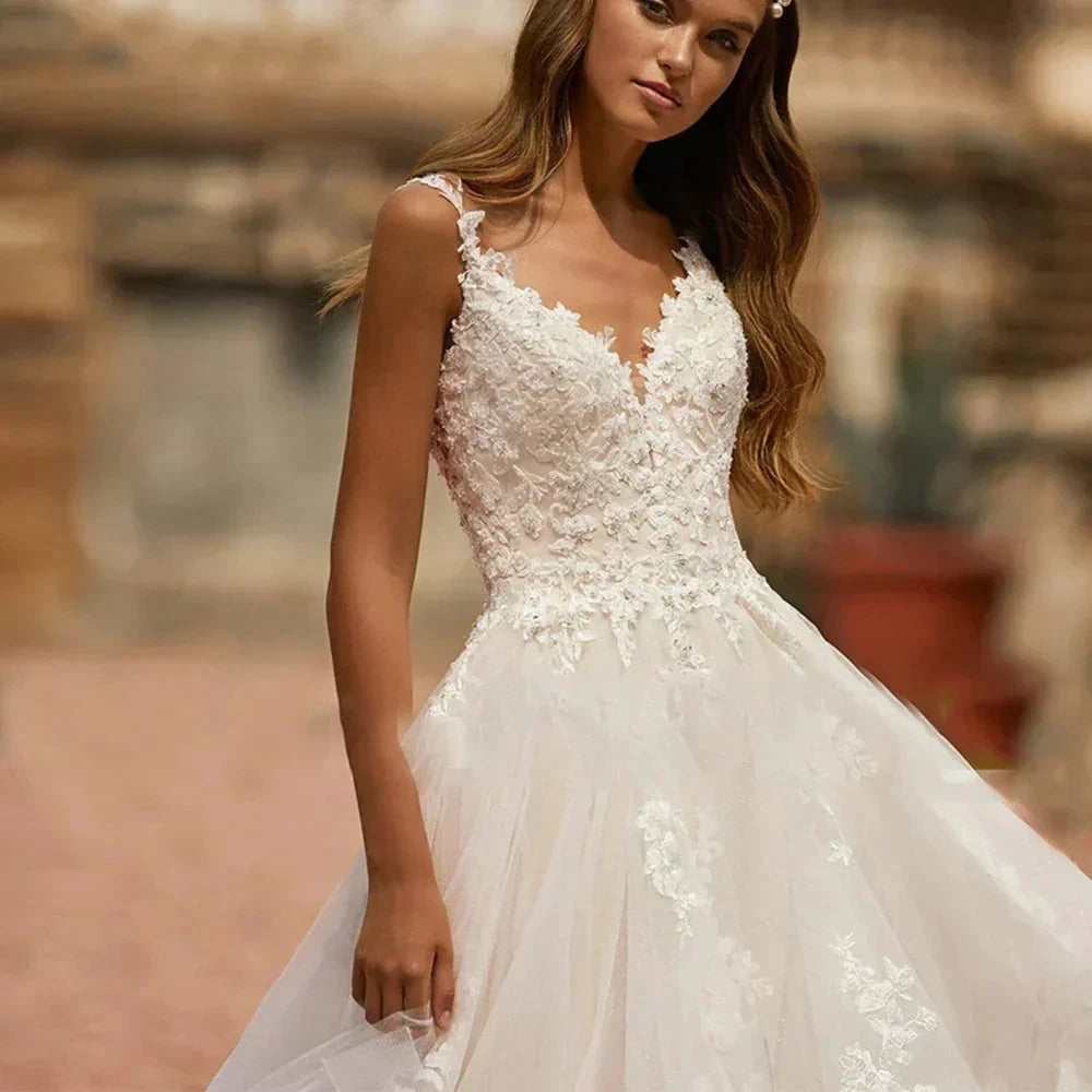 Sweetheart Off Shoulder Sleeveless Beach Deep V-neck Fluffy Wedding Dresses Sexy Lace Backless Applique Elegant Bride Gown 2023 by payinti