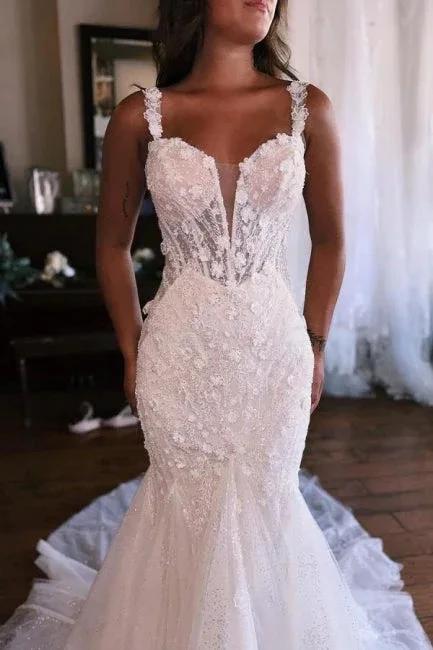 Sweetheart White Mermaid Lace Wedding Dress by misshow.com