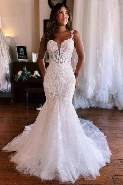 Sweetheart White Mermaid Lace Wedding Dress by misshow.com