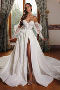Off-the-Shoulder A-Line Long Sleeves Tulle Lace Wedding Dresses With Split by BIZTUNNEL