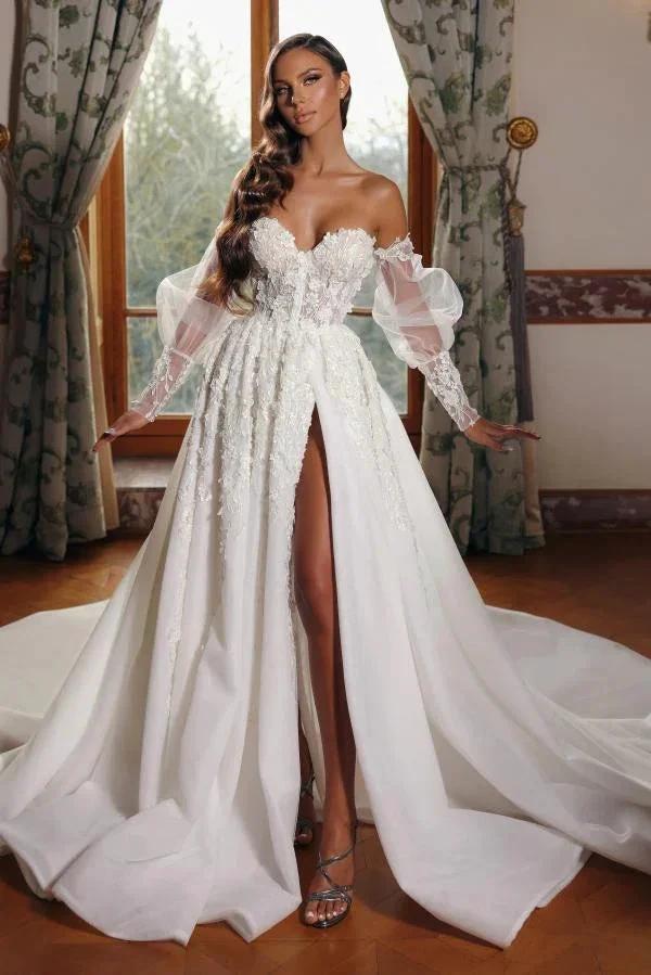 Off-the-Shoulder A-Line Long Sleeves Tulle Lace Wedding Dresses With Split by BIZTUNNEL