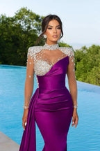 Purple Mermaid High Neck Satin Beading Long Prom Dresses with Sleeves by BIZTUNNEL