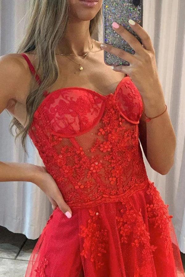 Sweetheart A-line Red Lace Sparkly Tulle Prom Dresses Formal Dresses PSK372 by pgmdress