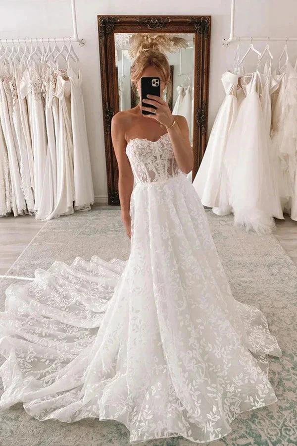 Sweetheart Ball Gown Lace Wedding Dress With Detachable Puff Sleeves WD640 by pgmdress