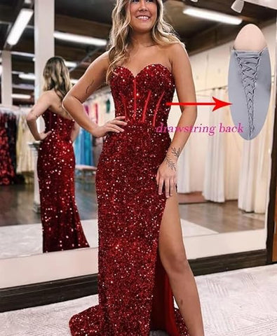 Vestido de fiesta con corsé sin tirantes y abertura SYP174