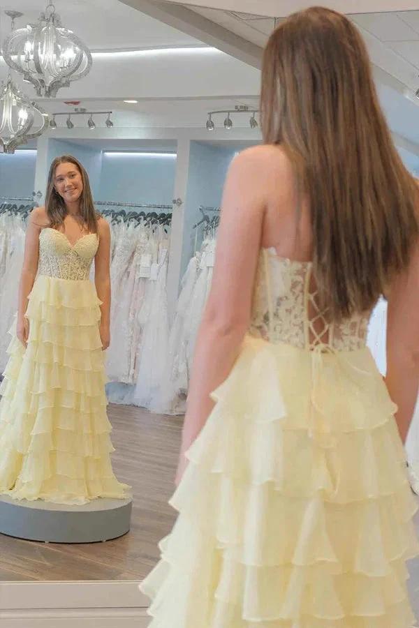 Sweetheart Lace Chiffon Corset Long Prom Dresses Ruffle PSK526 by pgmdress