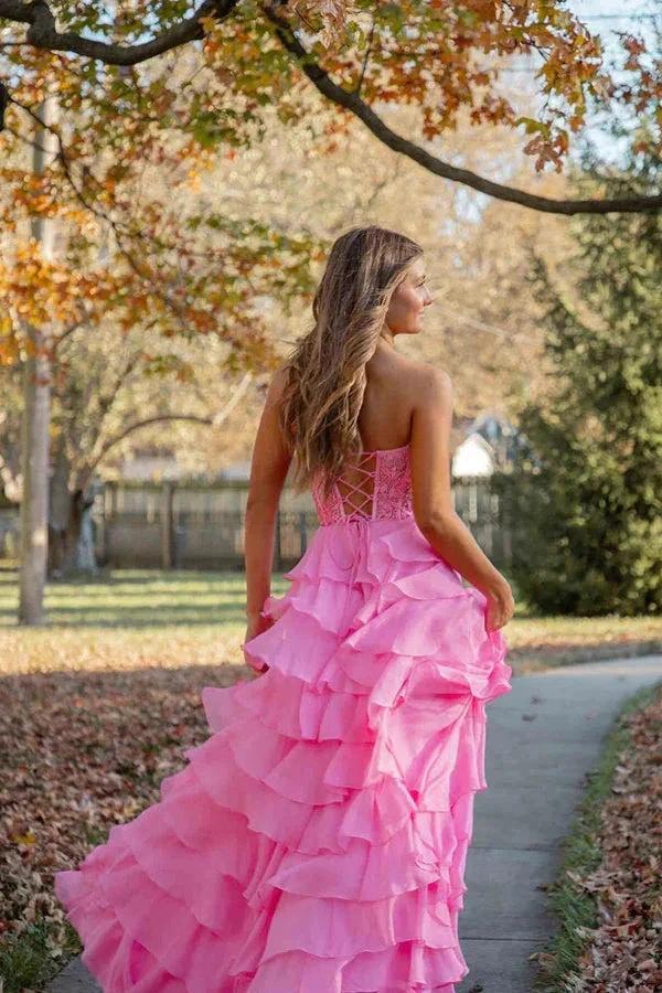 Sweetheart Lace Chiffon Corset Long Prom Dresses Ruffle PSK526 by pgmdress