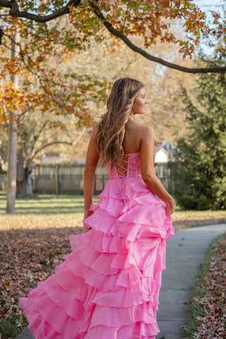 Herzförmiger Ausschnitt Spitze Chiffon Korsett Lange Ballkleider Rüschen PSK526