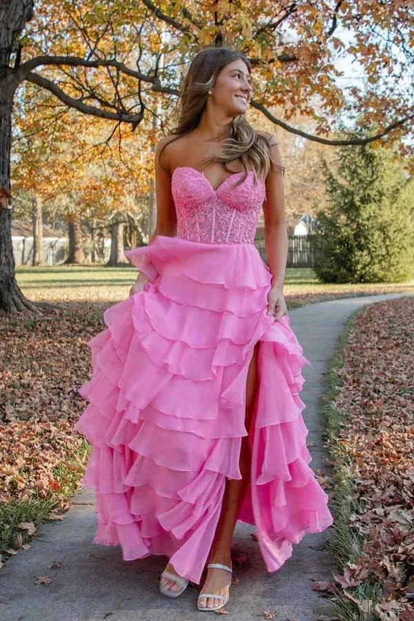 Sweetheart Lace Chiffon Corset Long Prom Dresses Ruffle PSK526 by pgmdress
