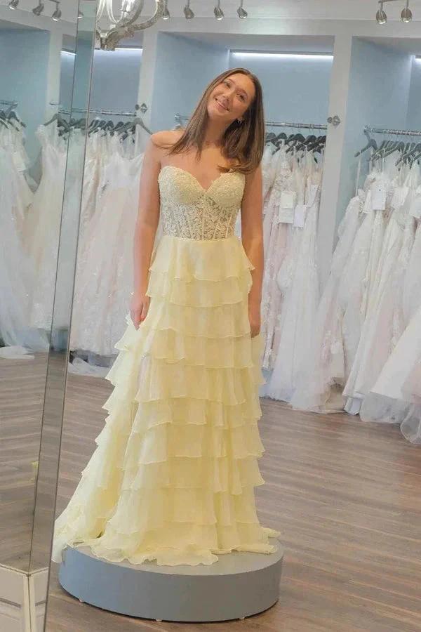 Sweetheart Lace Chiffon Corset Long Prom Dresses Ruffle PSK526 by pgmdress