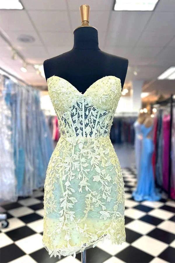 Sweetheart Lace Corset Tight Yellow Homecoming Dress PD565 by pgmdress
