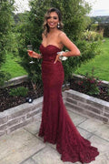 Sweetheart Mermaid Burgundy Lace Prom Dress Strapless Evening Dress PSK427 by pgmdress