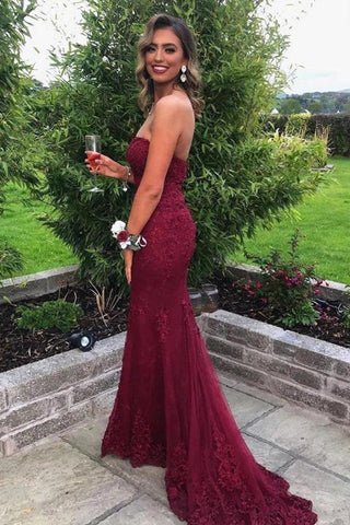Vestido de fiesta de sirena con escote corazón y encaje burdeos, vestido de noche sin tirantes PSK427