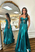 Sweetheart Metallic Pleated Emerald Green Long Prom Dress PSK591 by Pgmdress