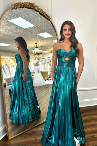 Langes Ballkleid in Smaragdgrün mit herzförmigem Ausschnitt und metallischer Plissee-Optik PSK591