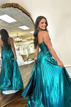 Sweetheart Metallic Pleated Emerald Green Long Prom Dress PSK591 by Pgmdress