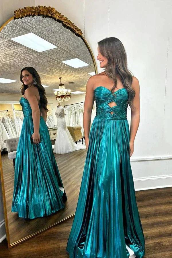 Sweetheart Metallic Pleated Emerald Green Long Prom Dress PSK591 by Pgmdress