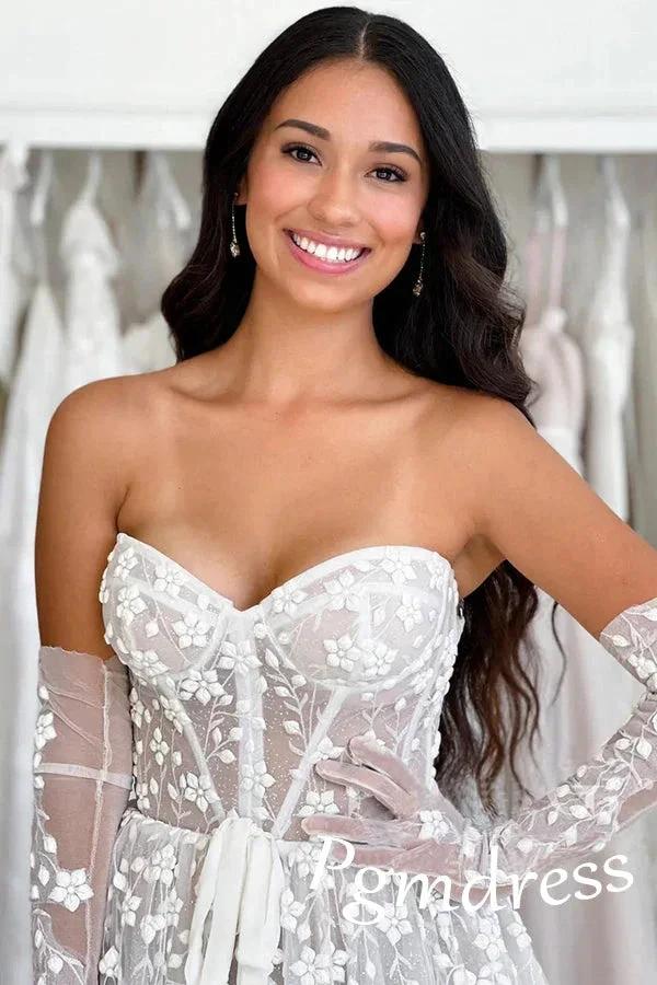 Sweetheart Neck A Line Delicated Lace Wedding Dress Boho Wedding Dress WD632 by pgmdress