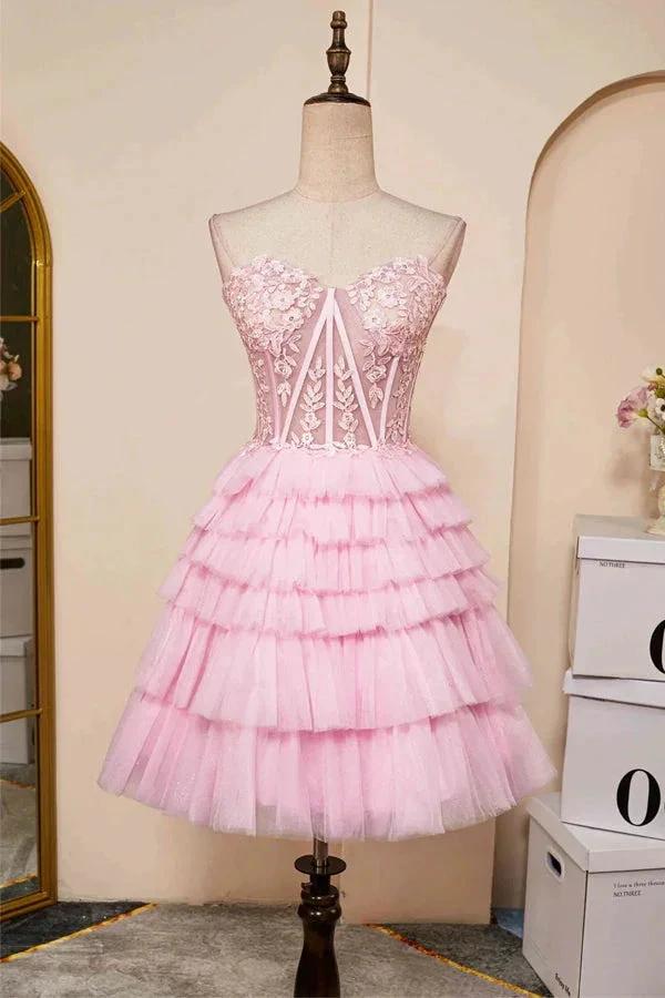 Sweetheart Neck Layered Strapless Pink Homecoming Dress PD514 by pgmdress