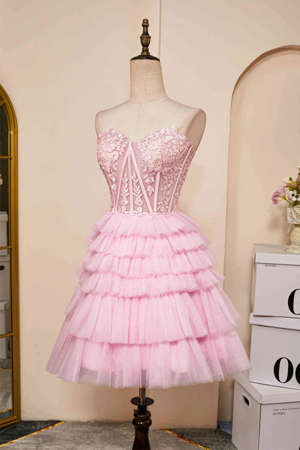 Sweetheart Neck Layered Strapless Pink Homecoming Dress PD514