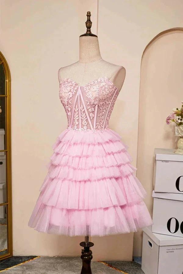 Sweetheart Neck Layered Strapless Pink Homecoming Dress PD514 by pgmdress
